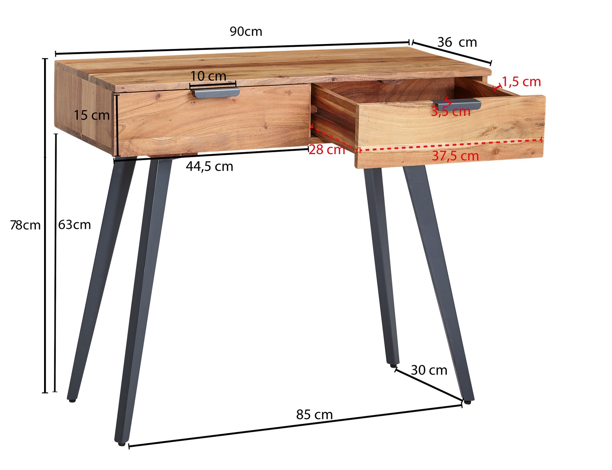 Mesa de console wohnling 90cm mesa de acácia madeira maciça / penteadeira de metal