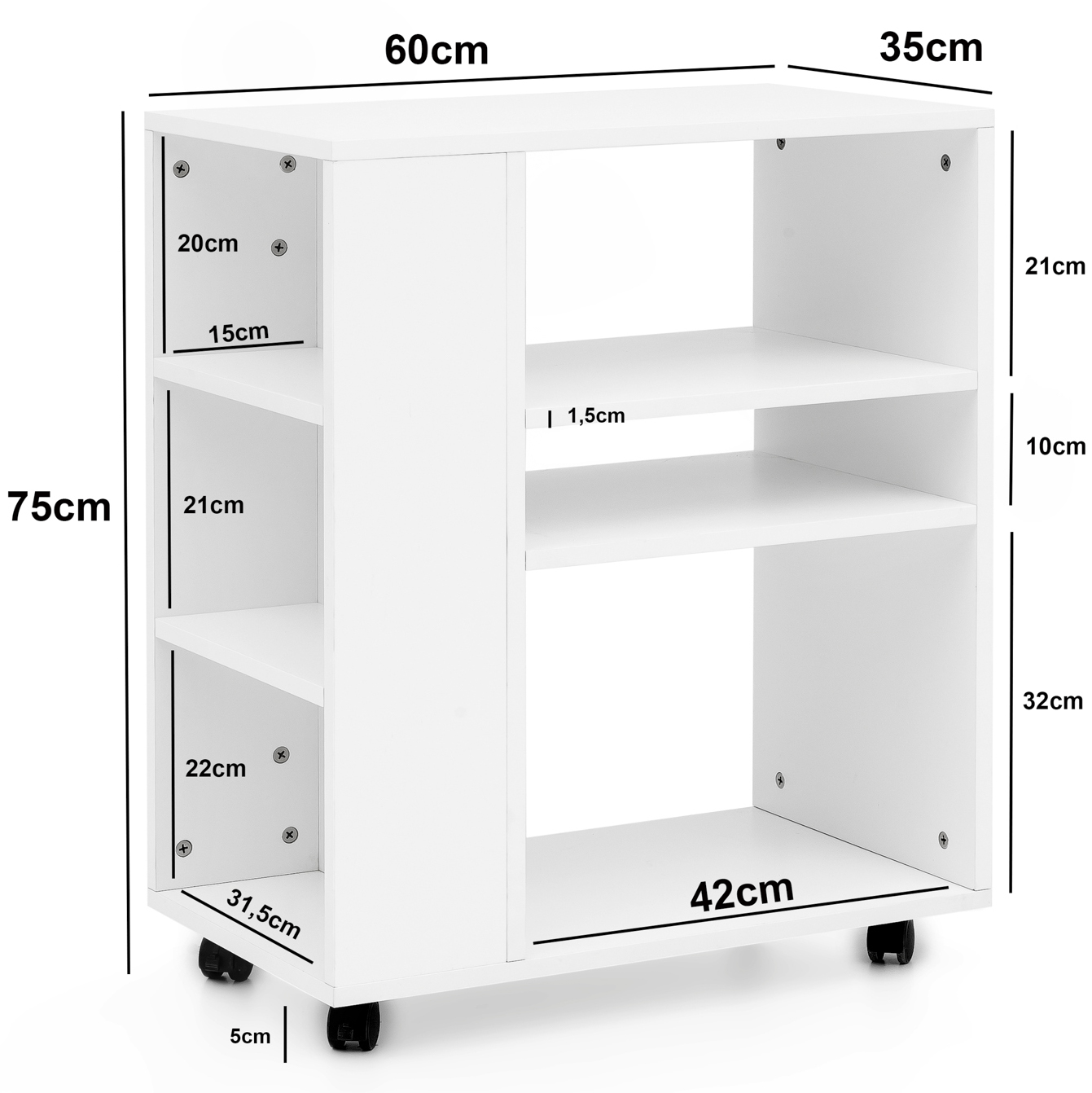 Carrinho de prateleira wohnling branco 60x75x35 cm carrinho de prateleira com rodas mesa lateral