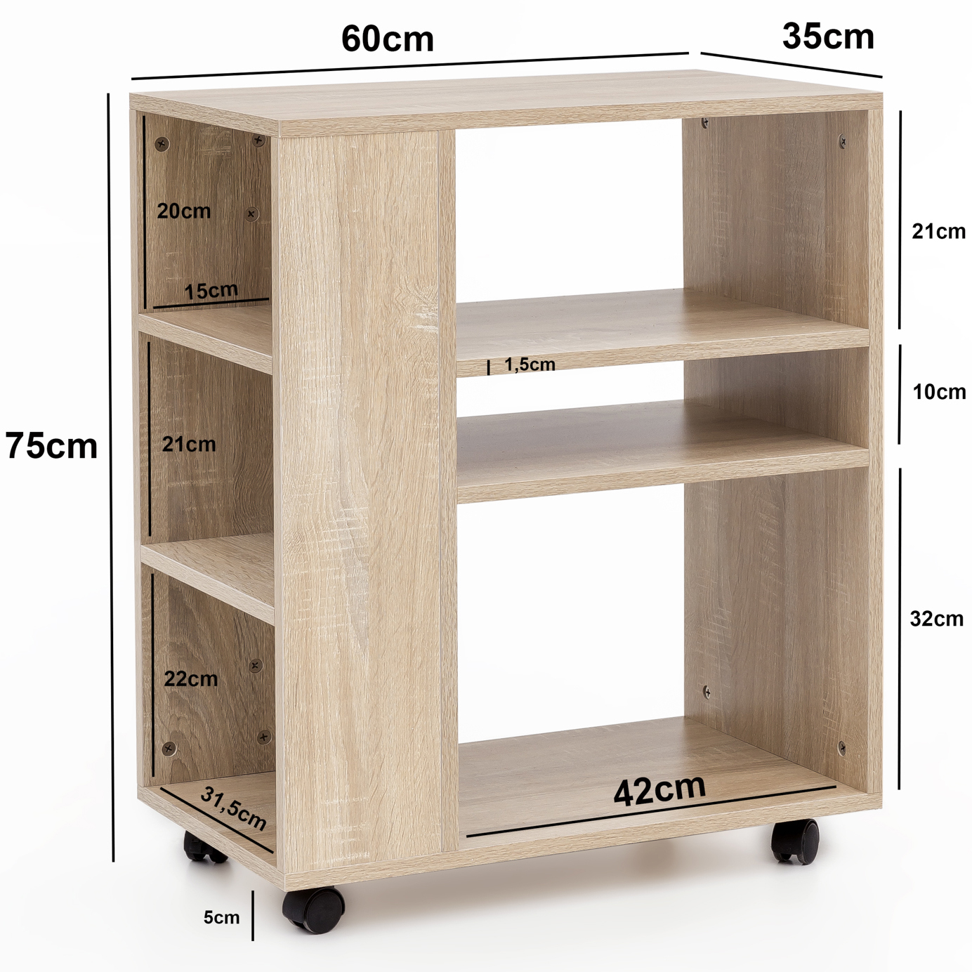 Carrinho wohnling regal sonoma carrinho de prateleira 60x75x35 cm com mesa lateral de rodas