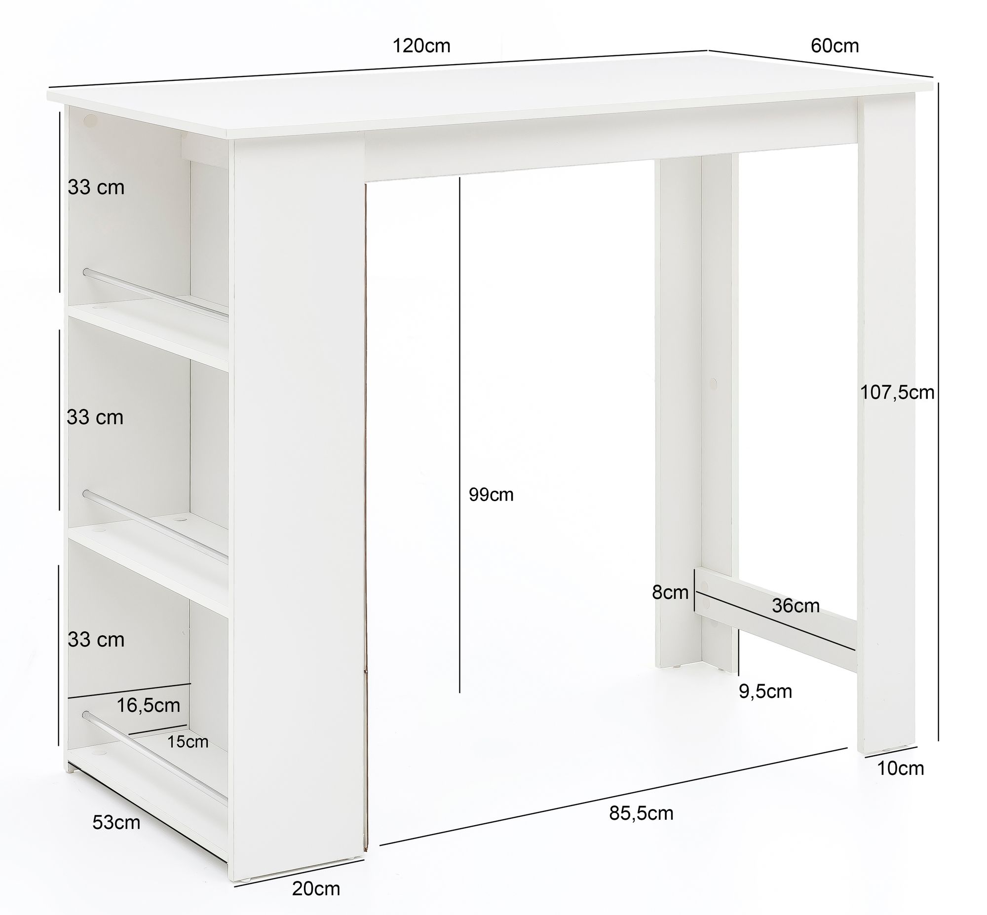 Mesa de bar wohnling branca 120 x 107,5 x 60 cm wl5.732 mesa de bar de madeira balcão de cozinha