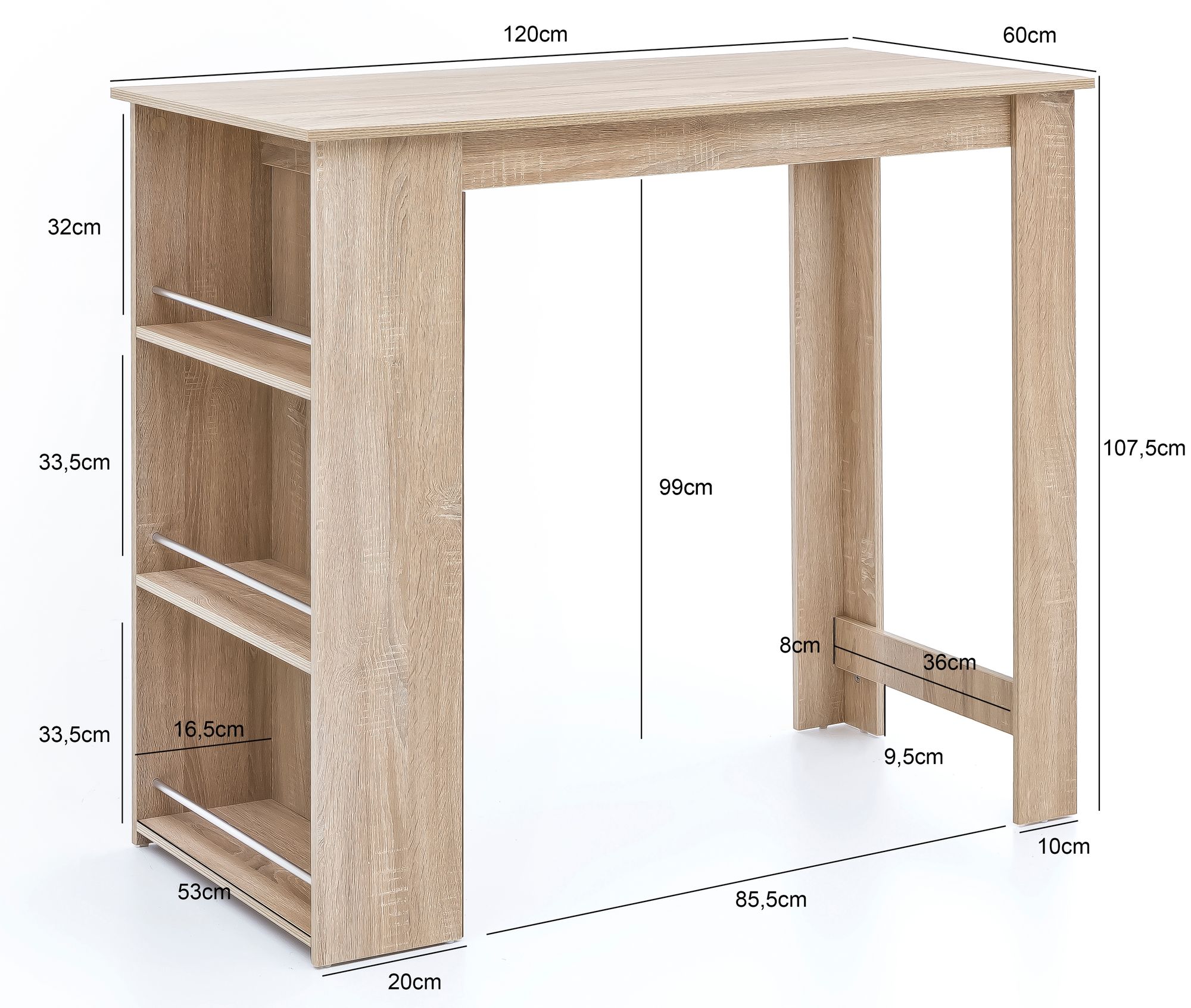 Mesa de bar wohnling sonoma 120 x 107,5 x 60 cm wl5.733 mesa de bar de madeira balcão de cozinha