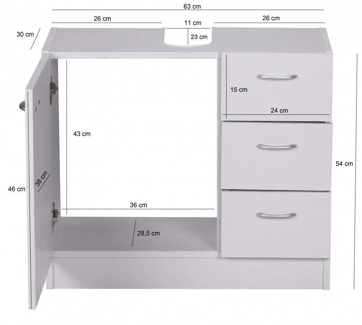 Armário baixo para pia de banheiro wohnling 54 x 63 x 30 cm 1 porta 3 gavetas branco