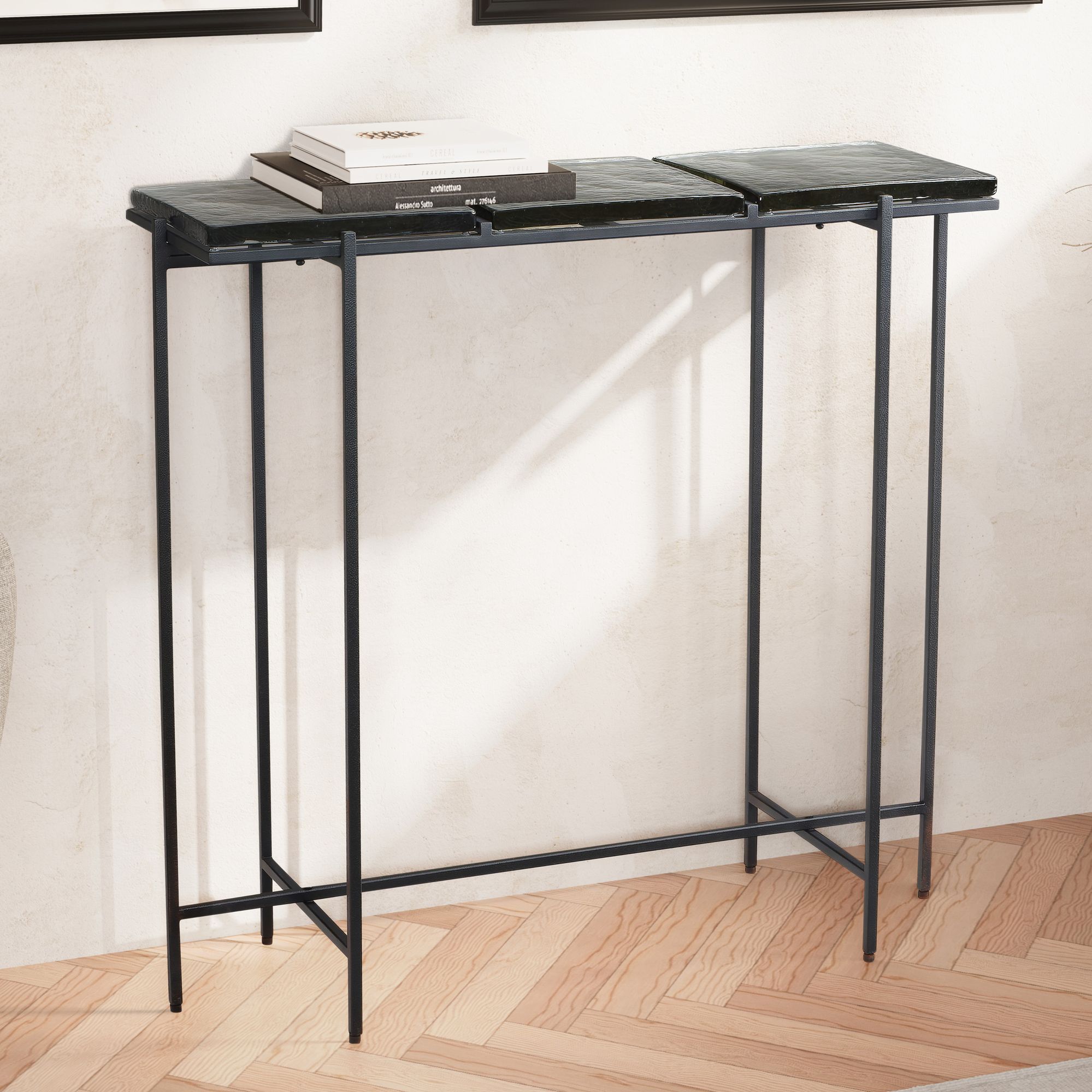 Mesa consola residente Mesa de arrumação de aparador de 90 cm Corredor mesa de vidro metal moderno