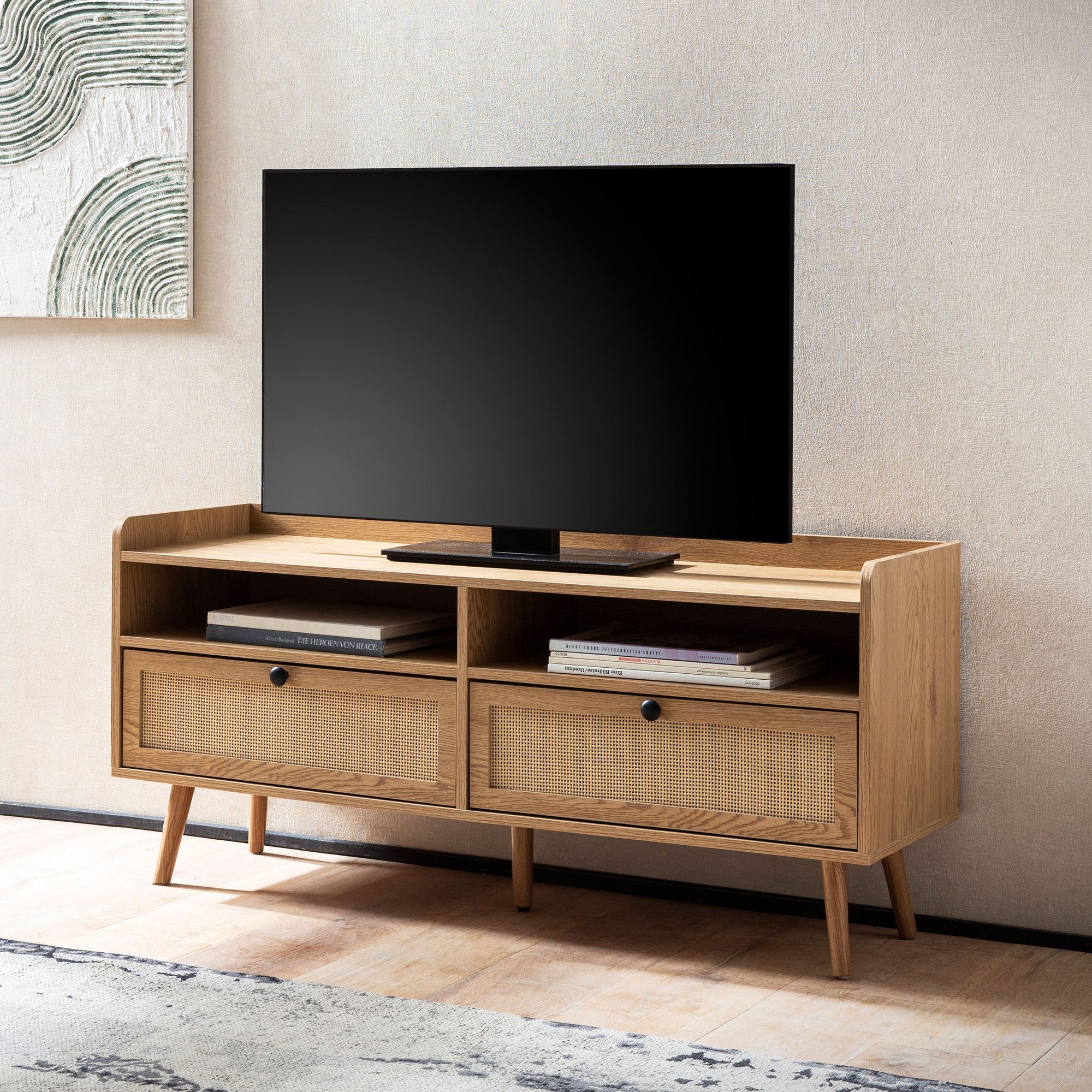 Armário de TV de quadro baixo residente 120 cm gaveta de TV cômoda espaço de armazenamento de vime