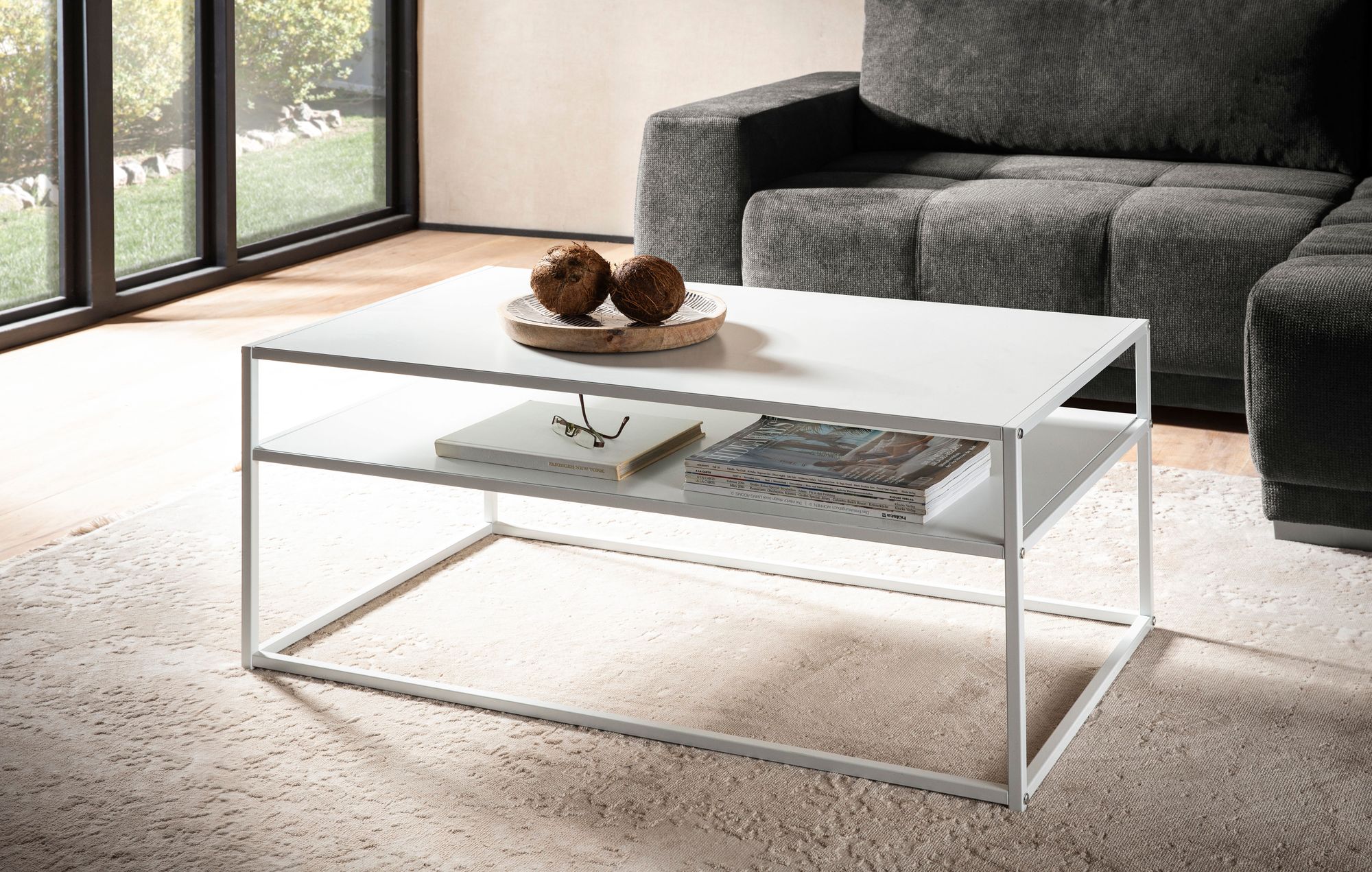 Wohnling mesa de centro 100 cm de metal branco mesa de sala de estar sofá mesa espaço de armazenamento