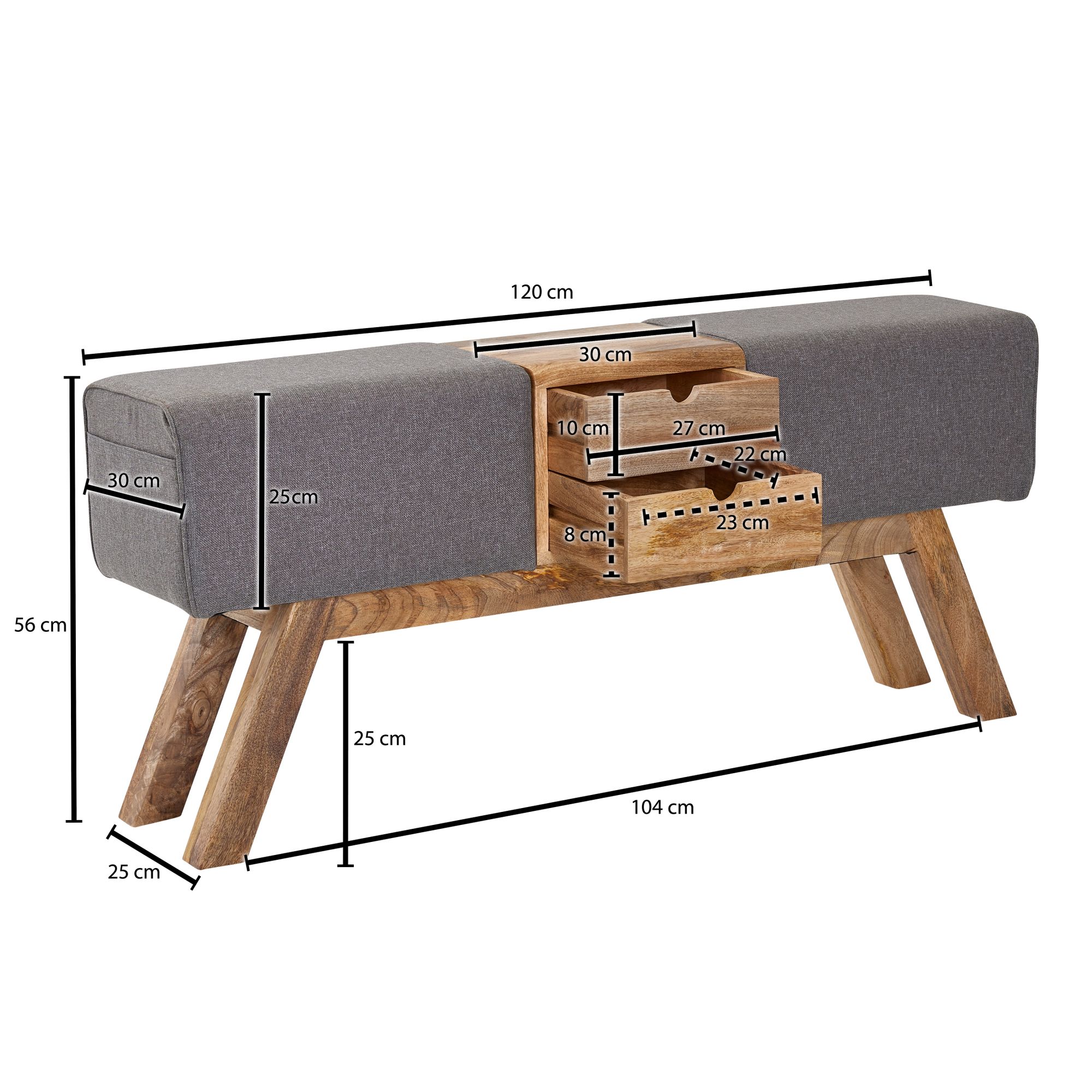 Banco de ginástica design cinza com gavetas 120x56x30 cm, banco de ginástica em tecido com espaço de arrumação, banco de guarda-roupa, banco de ginástica springbock