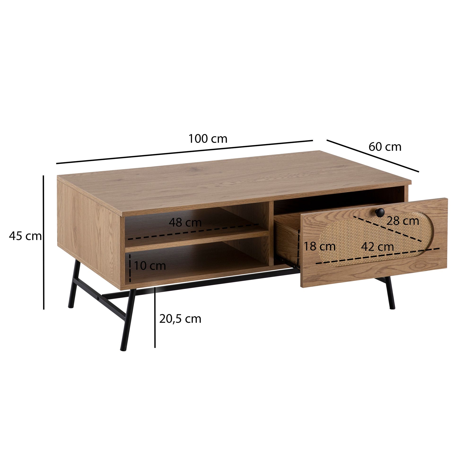 Wohnling mesa de centro gaveta rattan 100 cm mesa de sala de estar sofá espaço de armazenamento