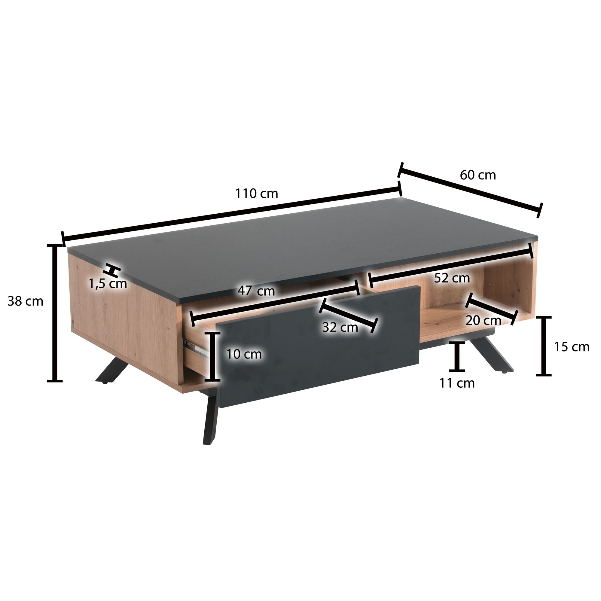 Mesa de centro wohnling 110x60x38 cm mdf carvalho mesa de sala de estar sofá retangular