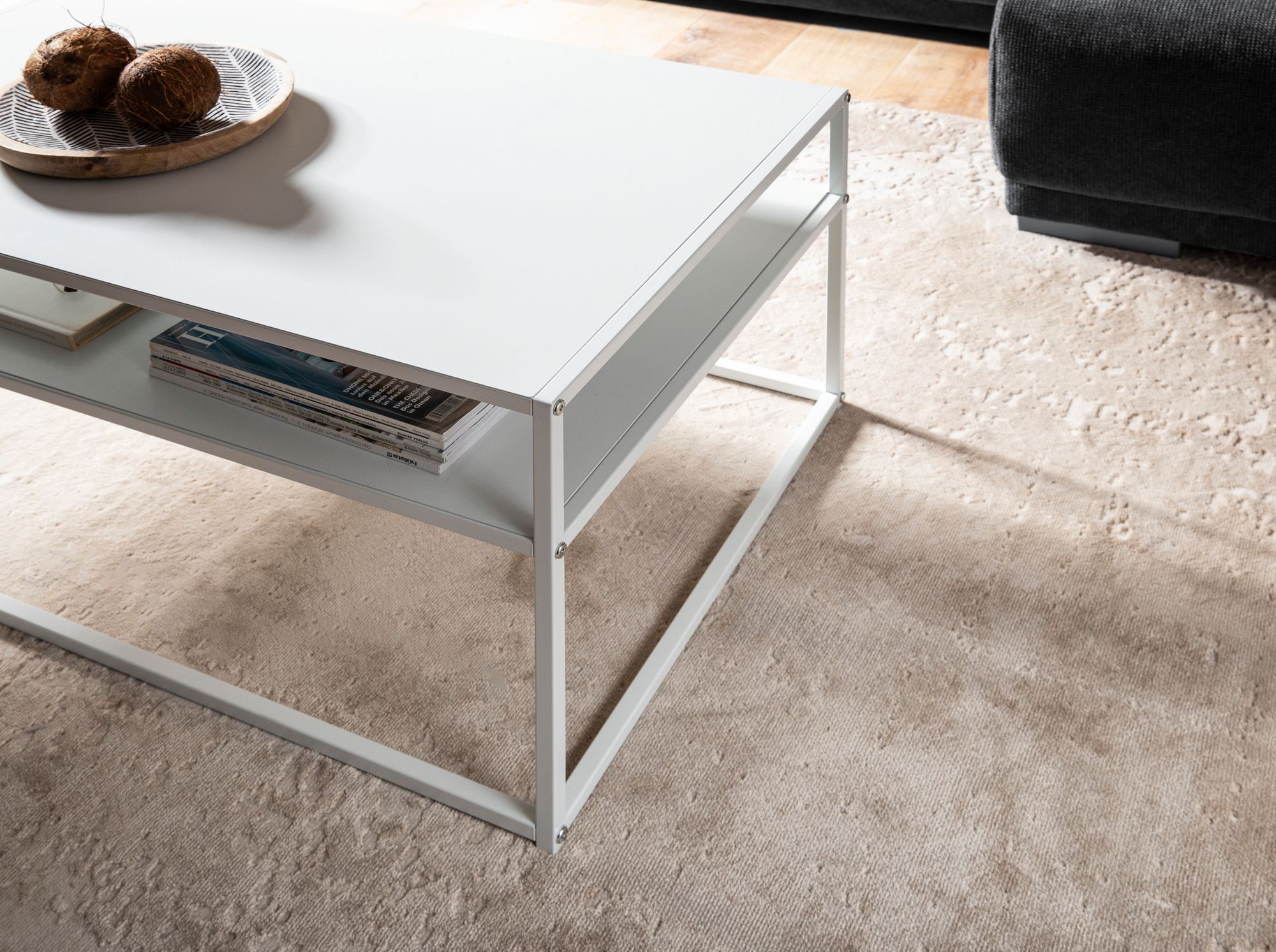 Wohnling mesa de centro 100 cm de metal branco mesa de sala de estar sofá mesa espaço de armazenamento