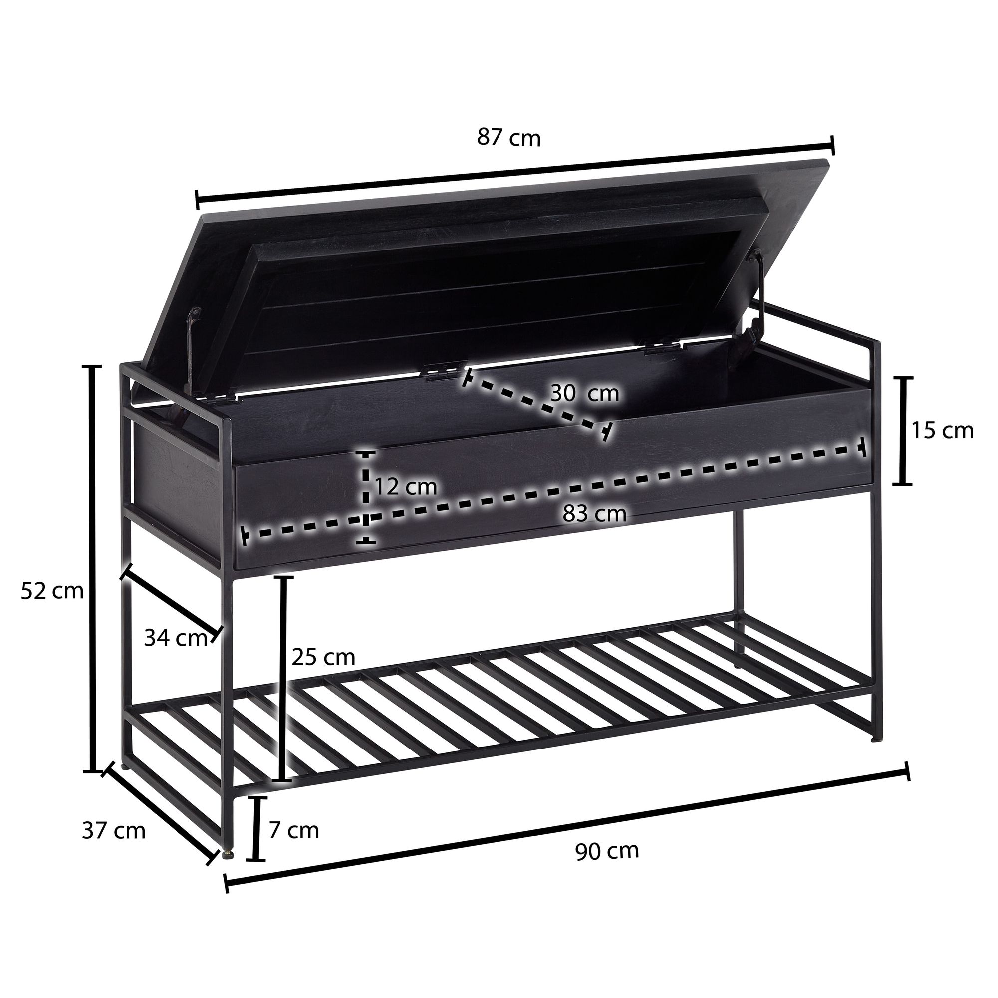 Banco wohnling com espaço de armazenamento para corredor 90x52x38 cm banco de corredor de madeira maciça preto