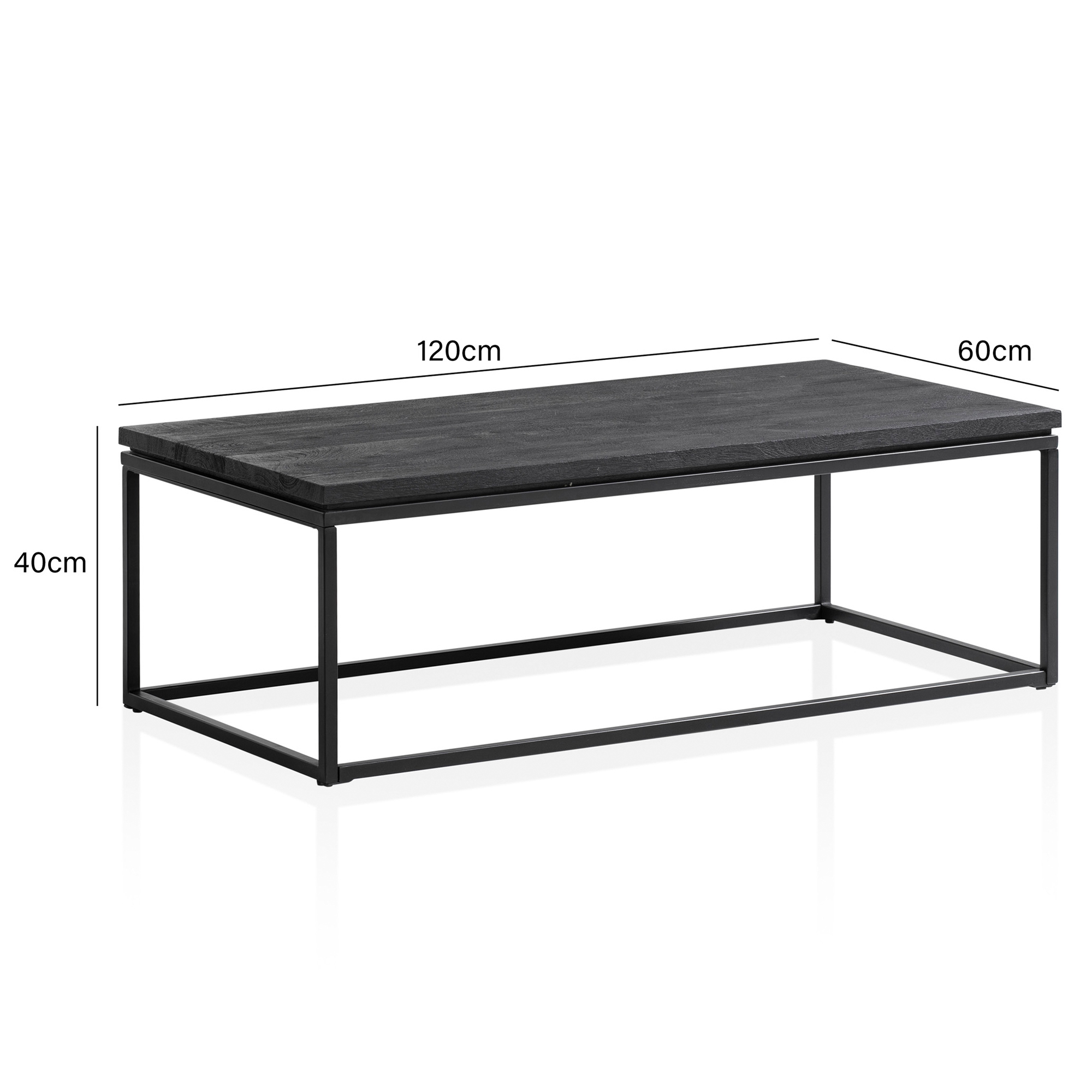 Mesa de centro wohnling 120x60x40 cm madeira maciça preta sofá mesa de sala de estar