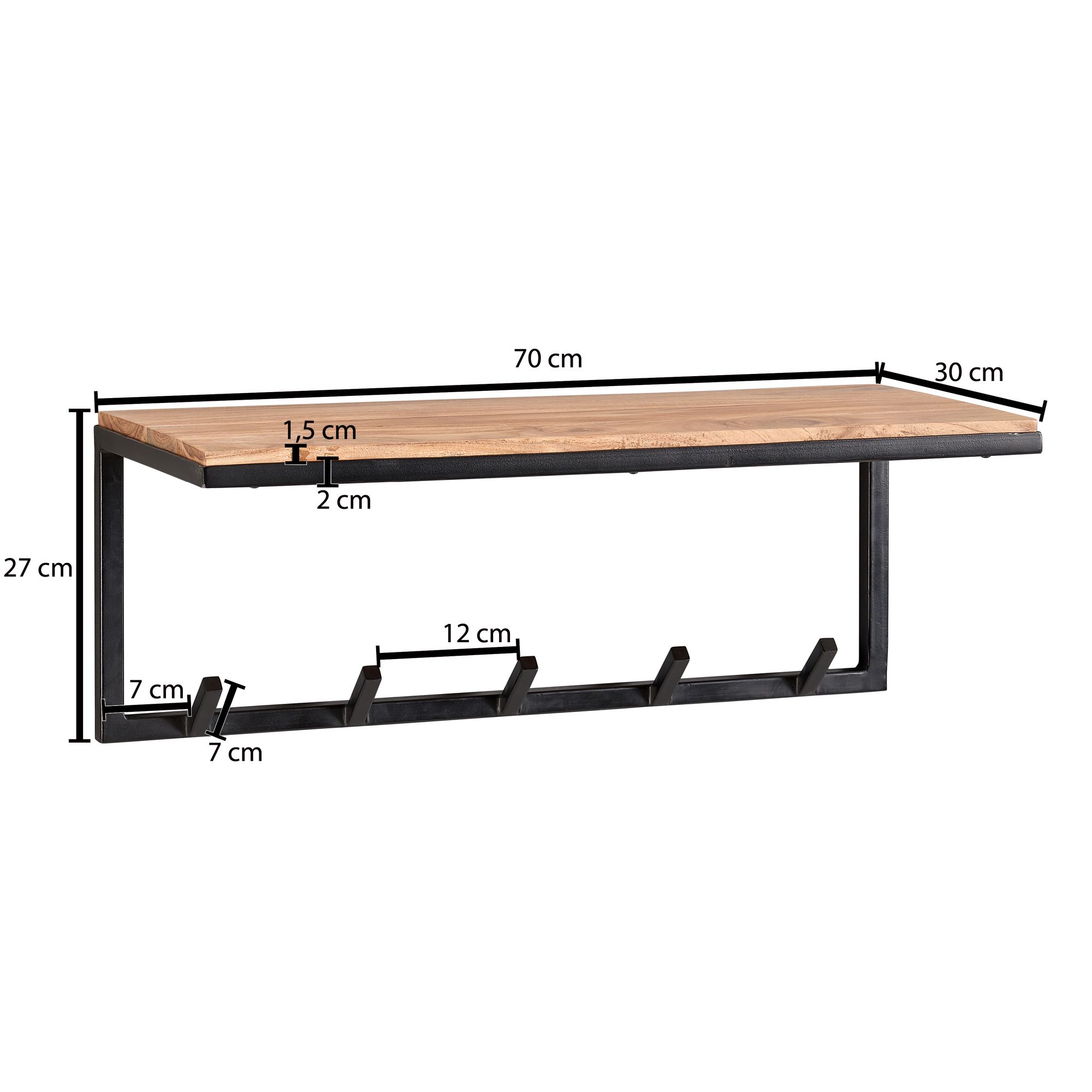 Wohnling cabide de parede madeira metal 70 cm cabide com prateleira corredor gancho rack