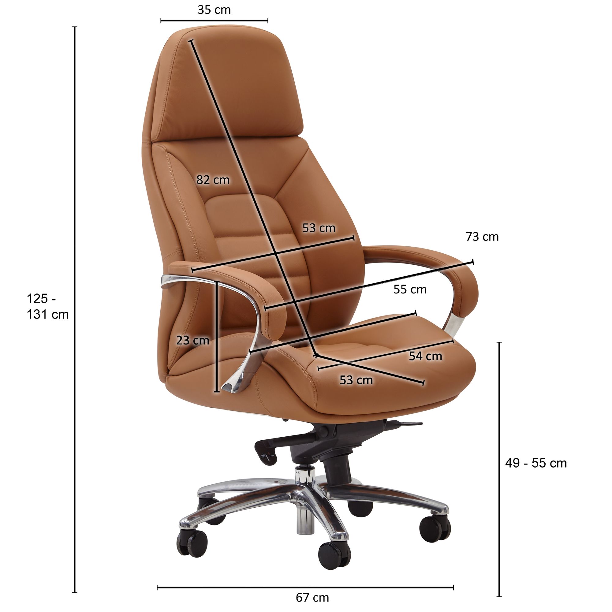 Cadeira de escritório de design com capa de couro real cadeira de mesa caramelo até 120 kg, cadeira executiva de design xxl ajustável em altura, cadeira giratória ergonômica com braços e encosto alto, função de balanço