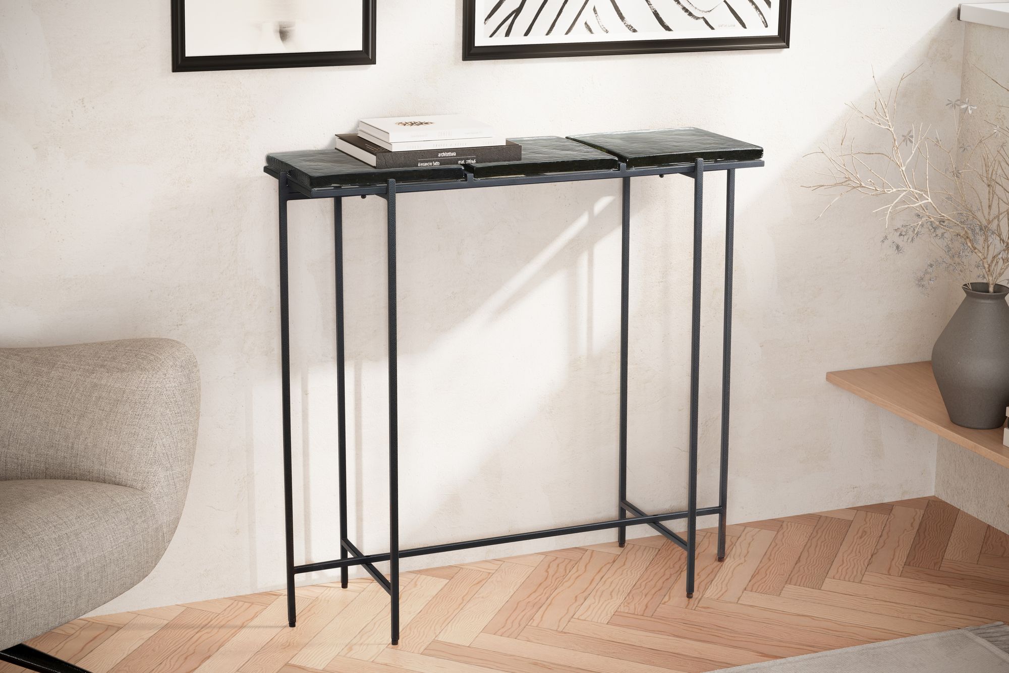 Mesa de console wohnling 90 cm aparador mesa de armazenamento mesa de corredor vidro metal moderno