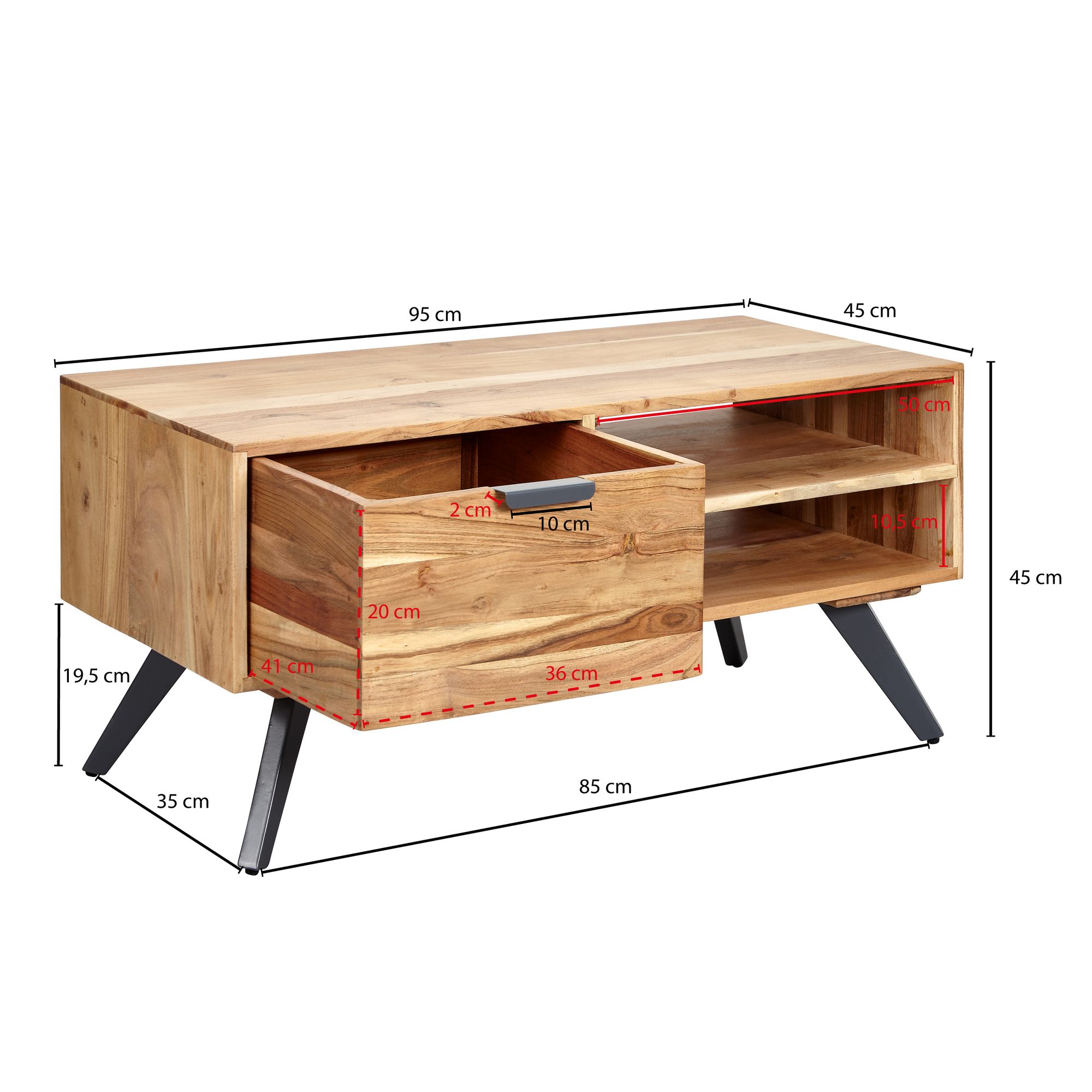 Wohnling mesa de centro 95x45 cm acácia mesa de sala de estar mesa de madeira sofá sólido