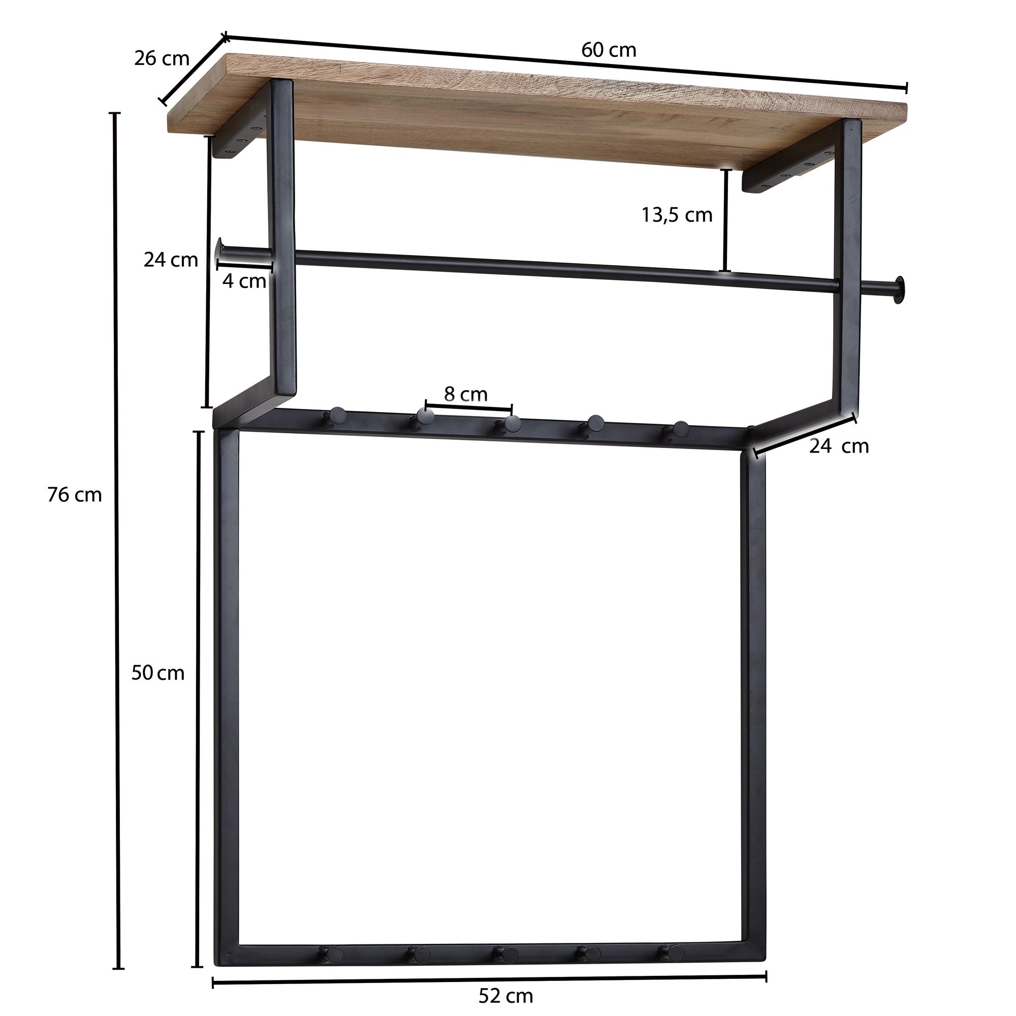 Wohnling cabide de parede madeira metal 60 cm cabide com prateleira corredor gancho rack