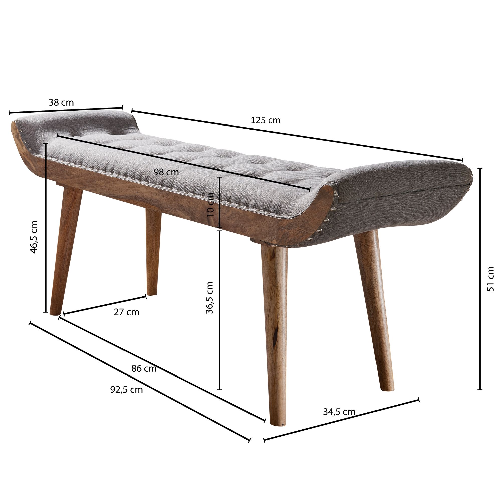 Banco wohnling tecido / banco estofado em madeira 125x51x38 cm banco de cama cinza banco de corredor