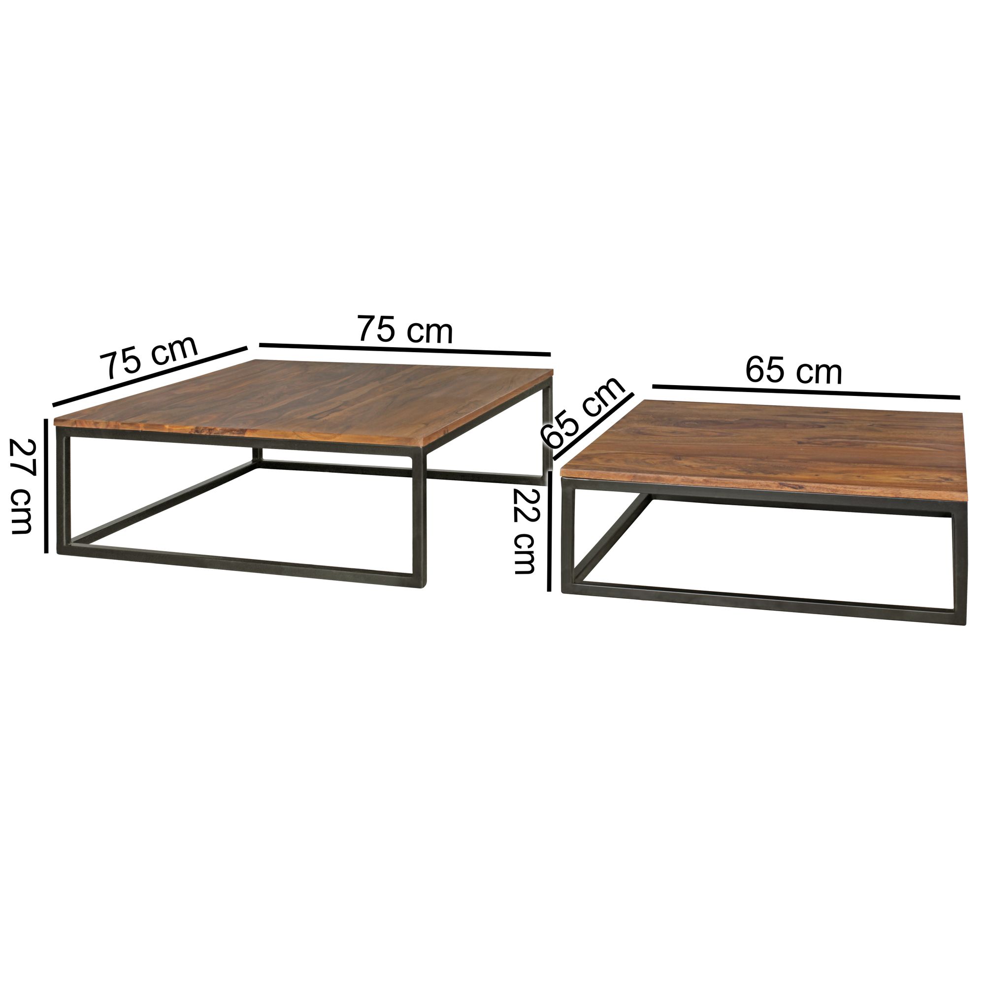 Mesa de centro akola madeira maciça de 2 peças 75 x 75 x 27 cm, mesa de sala de design em madeira sheesham, mesa de sala de estar maciça com pernas de metal