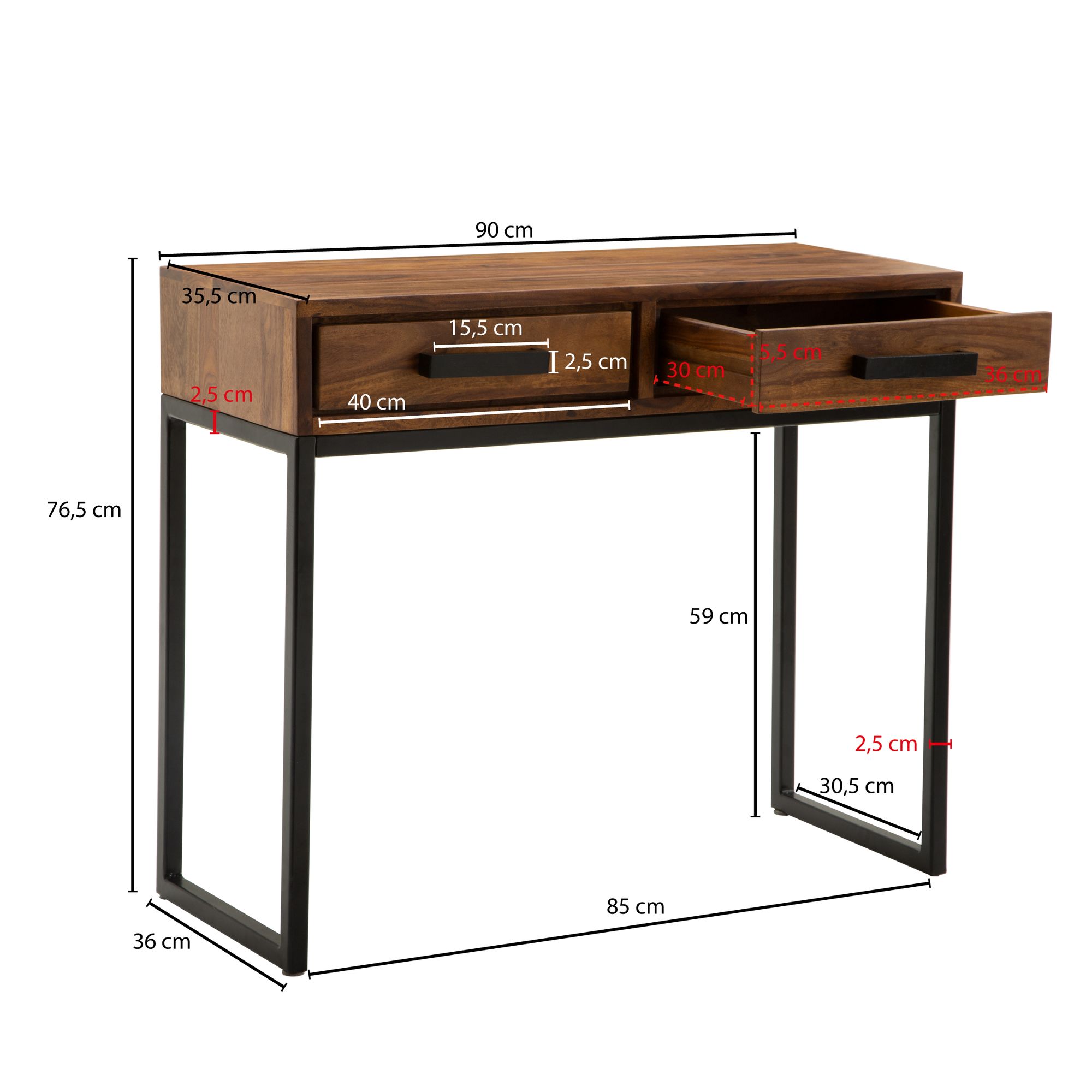 Mesa de console wohnling sheesham madeira maciça 90 cm mesa de corredor mesa estreita