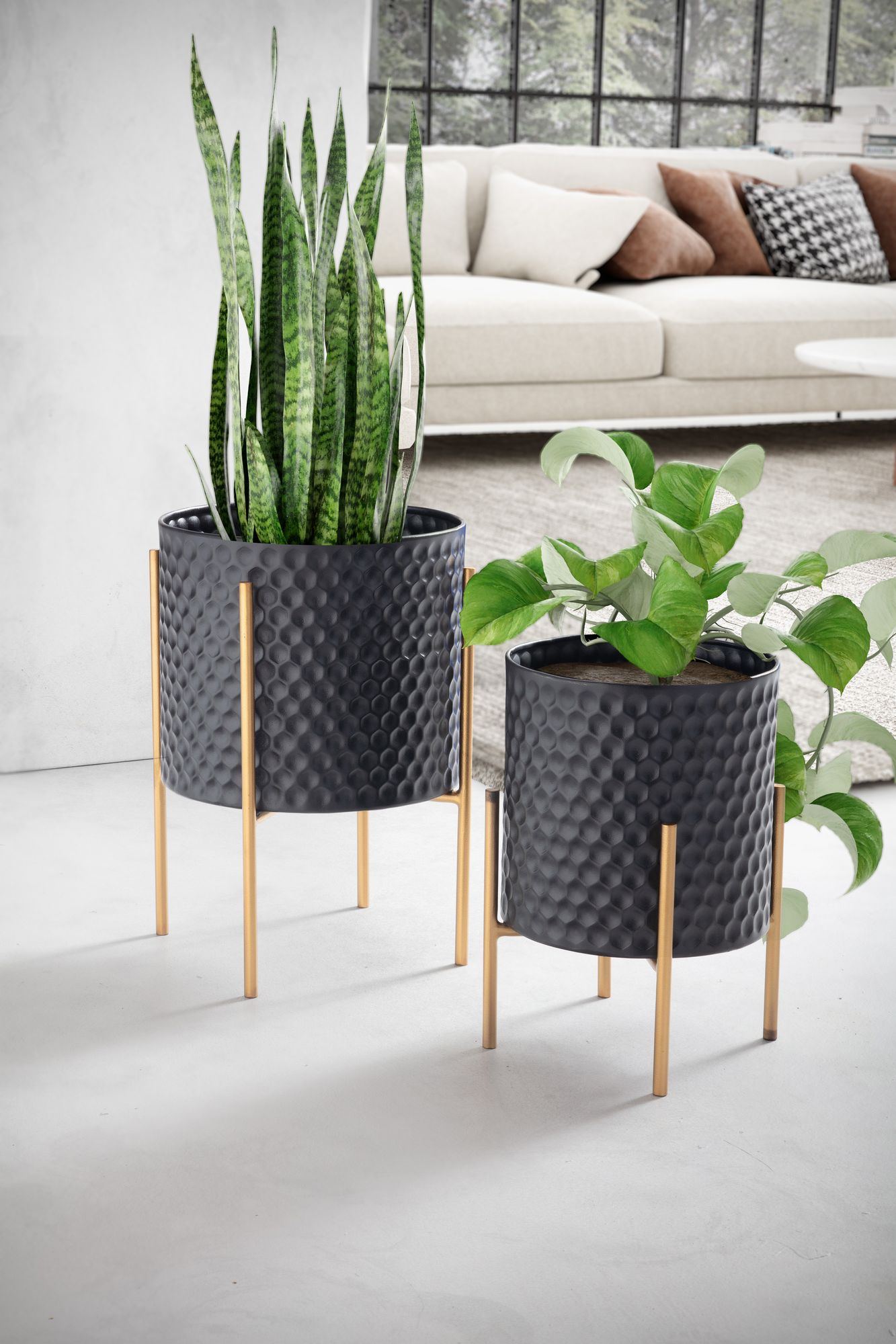 Conjunto de vasos de flores wohnling com 2 vasos de metal para plantas redondos em ouro preto