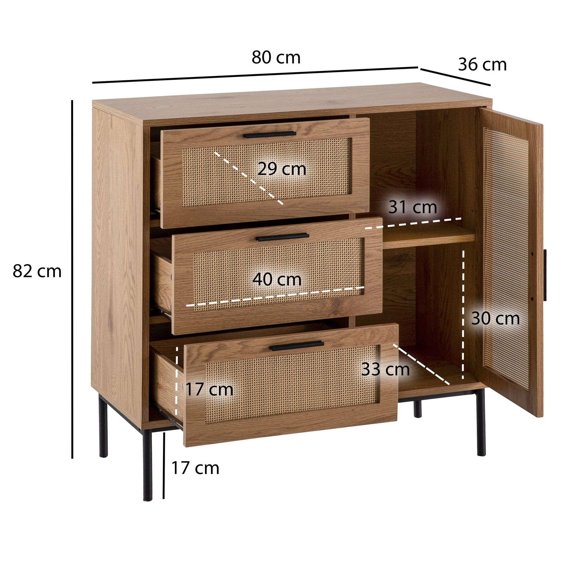 Cômoda wohnling 80x82x36 cm aparador em vime carvalho cômoda moderna