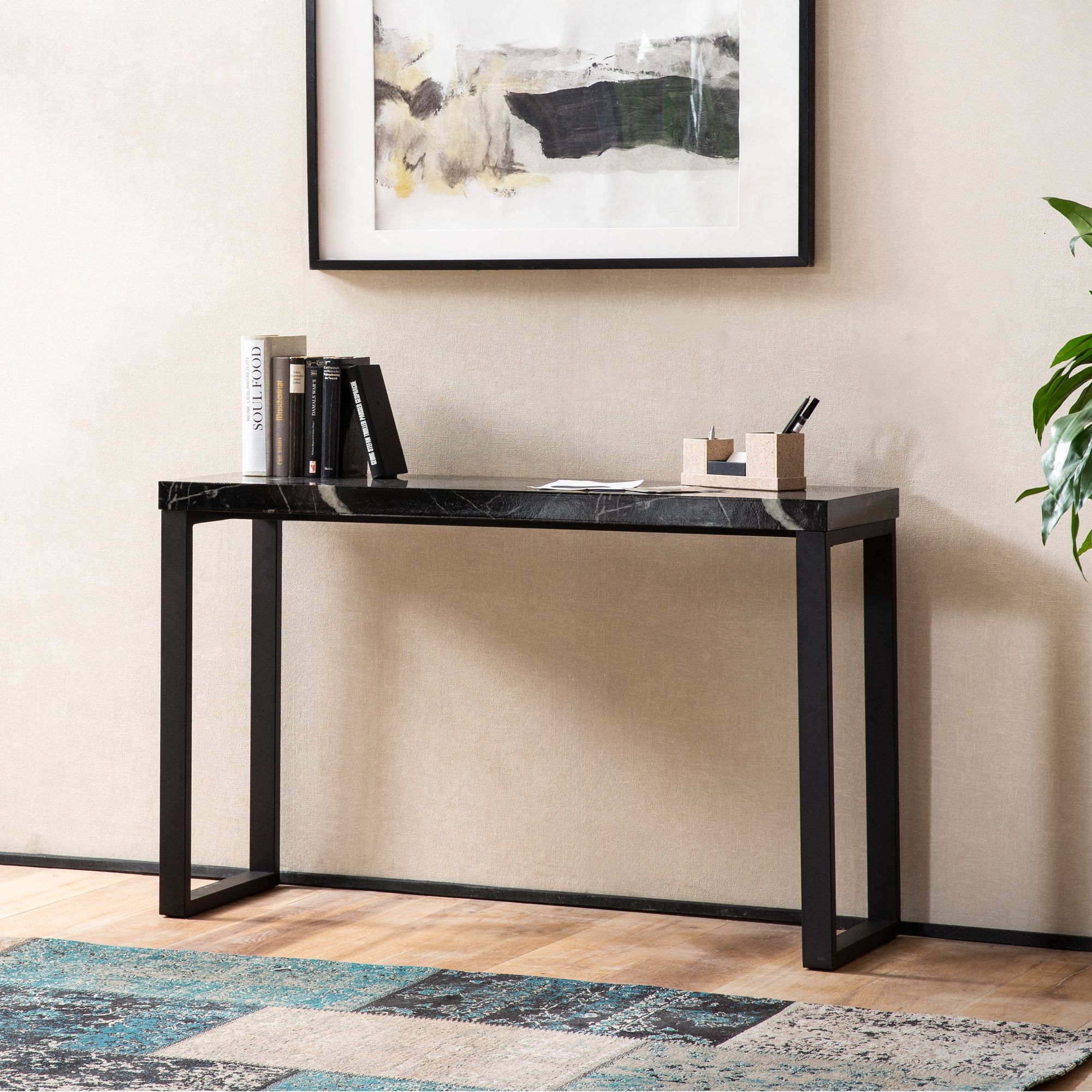 Mesa console residente 120 cm aparador mármore look corredor preto estreito