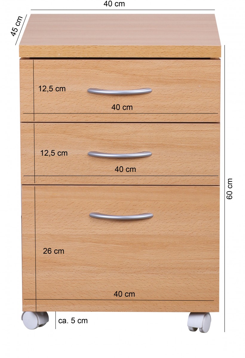 Contentor de escritório wohnling faia ottawa 40 x 60 cm com 3 gavetas e rodas