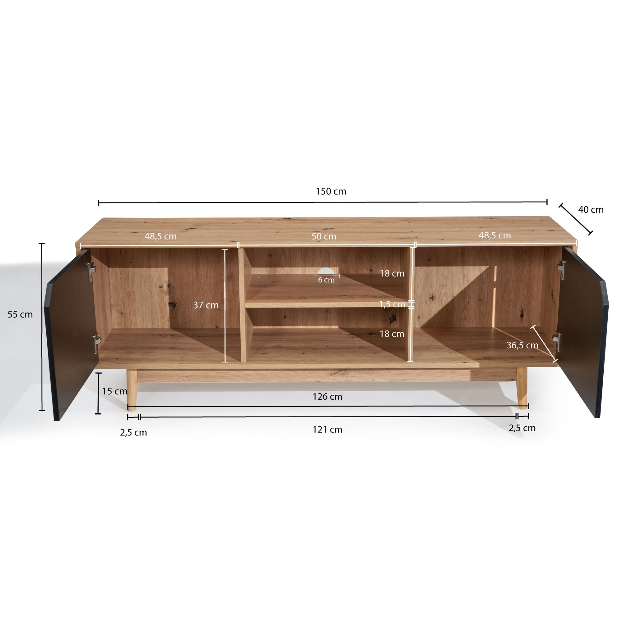 Armário de tv baixo wohnling 150 cm cômoda de televisão carvalho preto