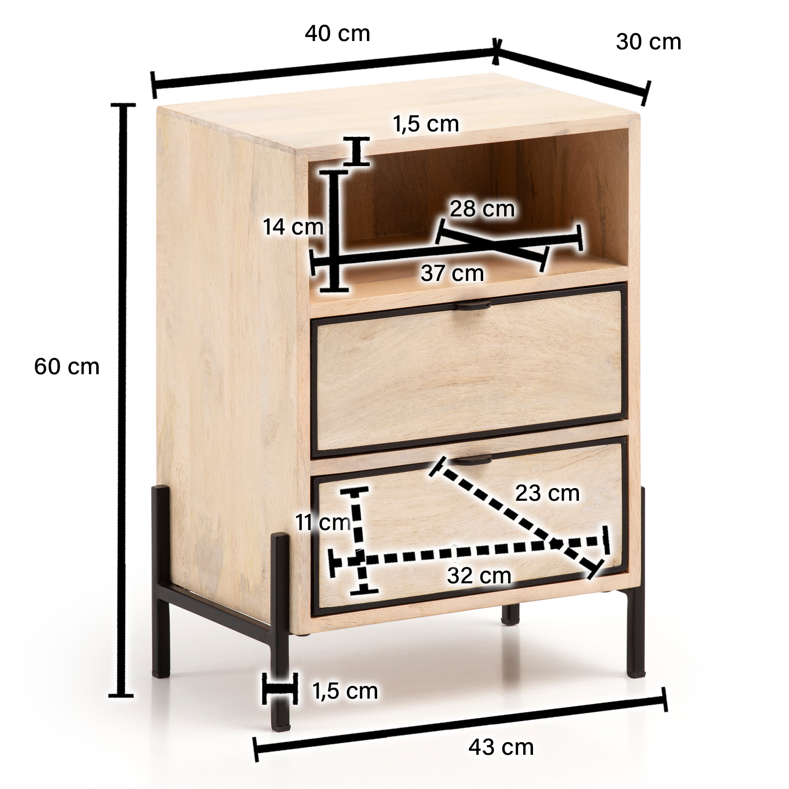 Mesa de cabeceira wohnling cama de molas madeira maciça / metal 43x60x30 cm mesa de cabeceira