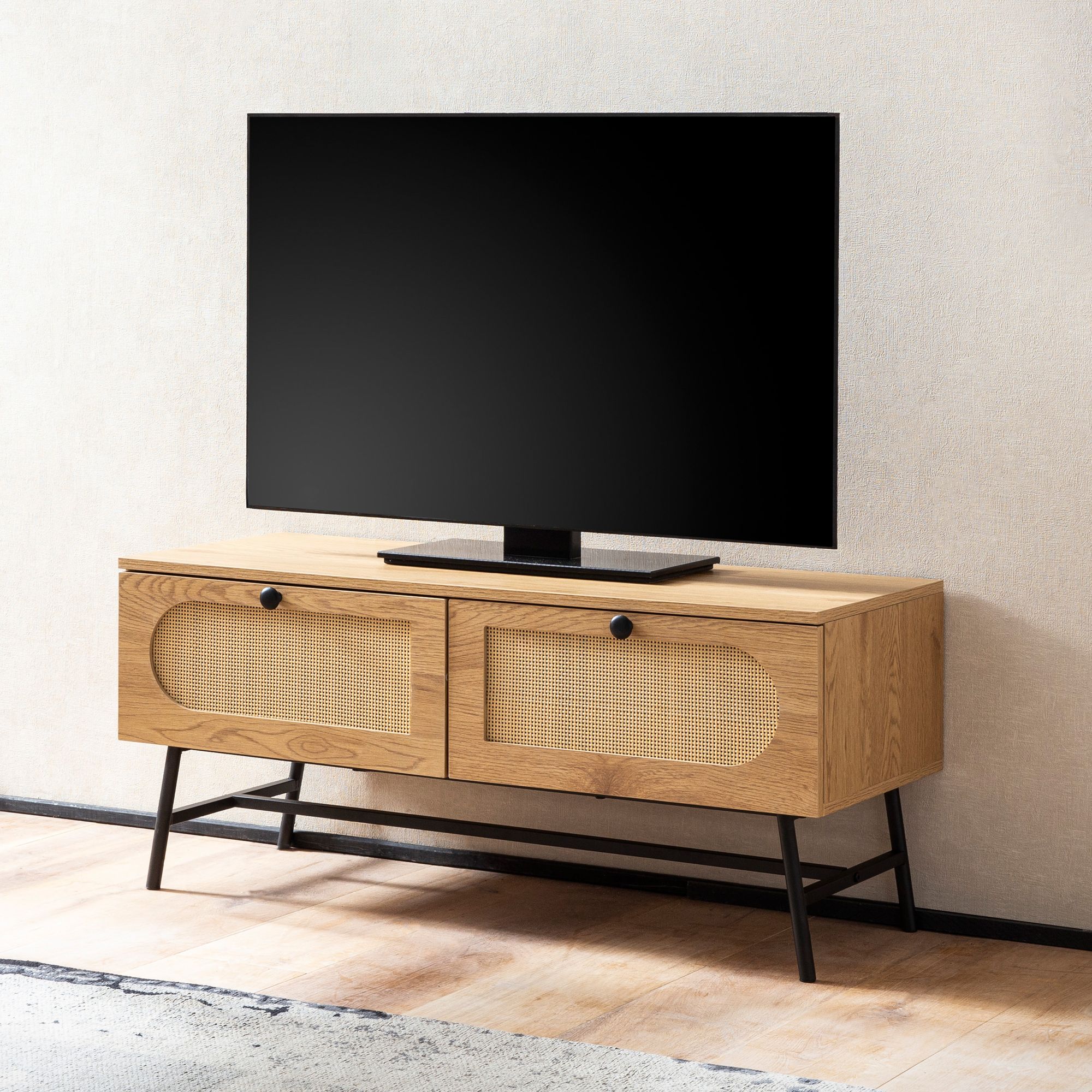 Armário de TV de mesa baixa residente 100 cm gaveta de TV cômoda espaço de armazenamento em vime