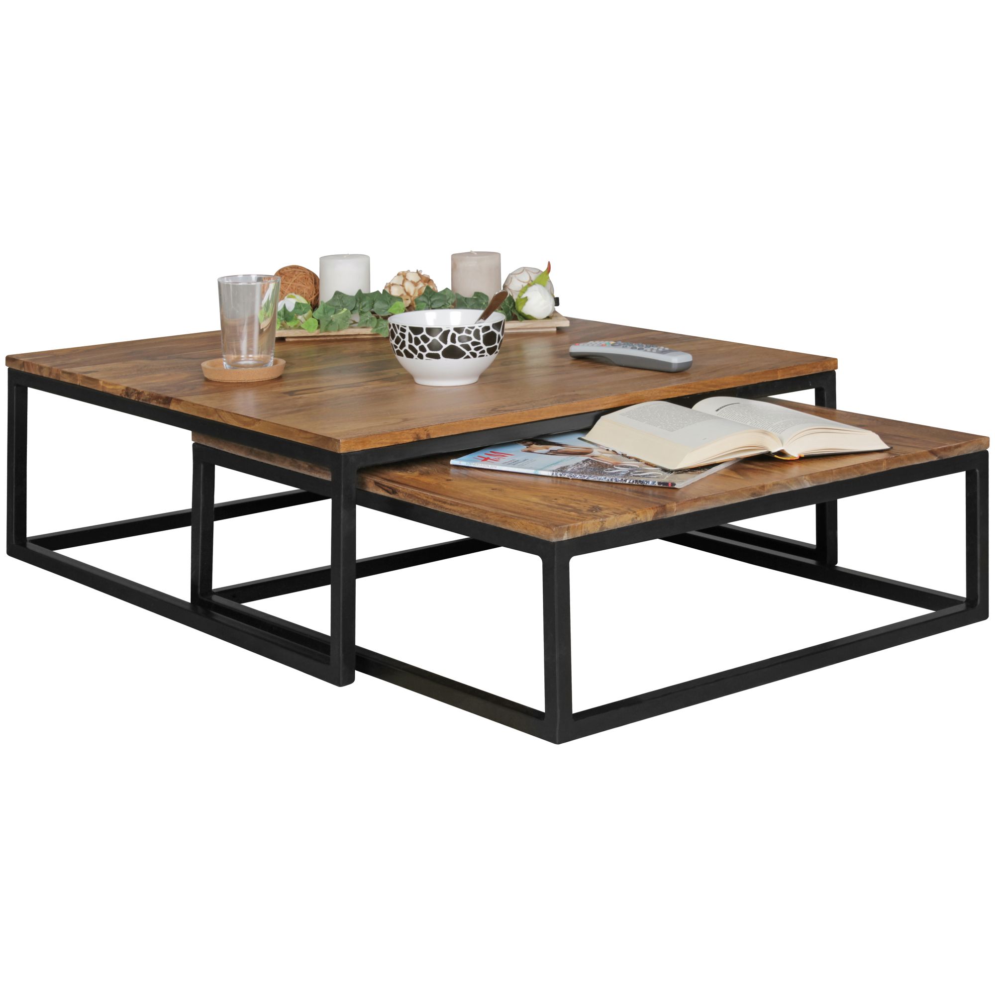 Mesa de centro akola madeira maciça de 2 peças 75 x 75 x 27 cm, mesa de sala de design em madeira sheesham, mesa de sala de estar maciça com pernas de metal