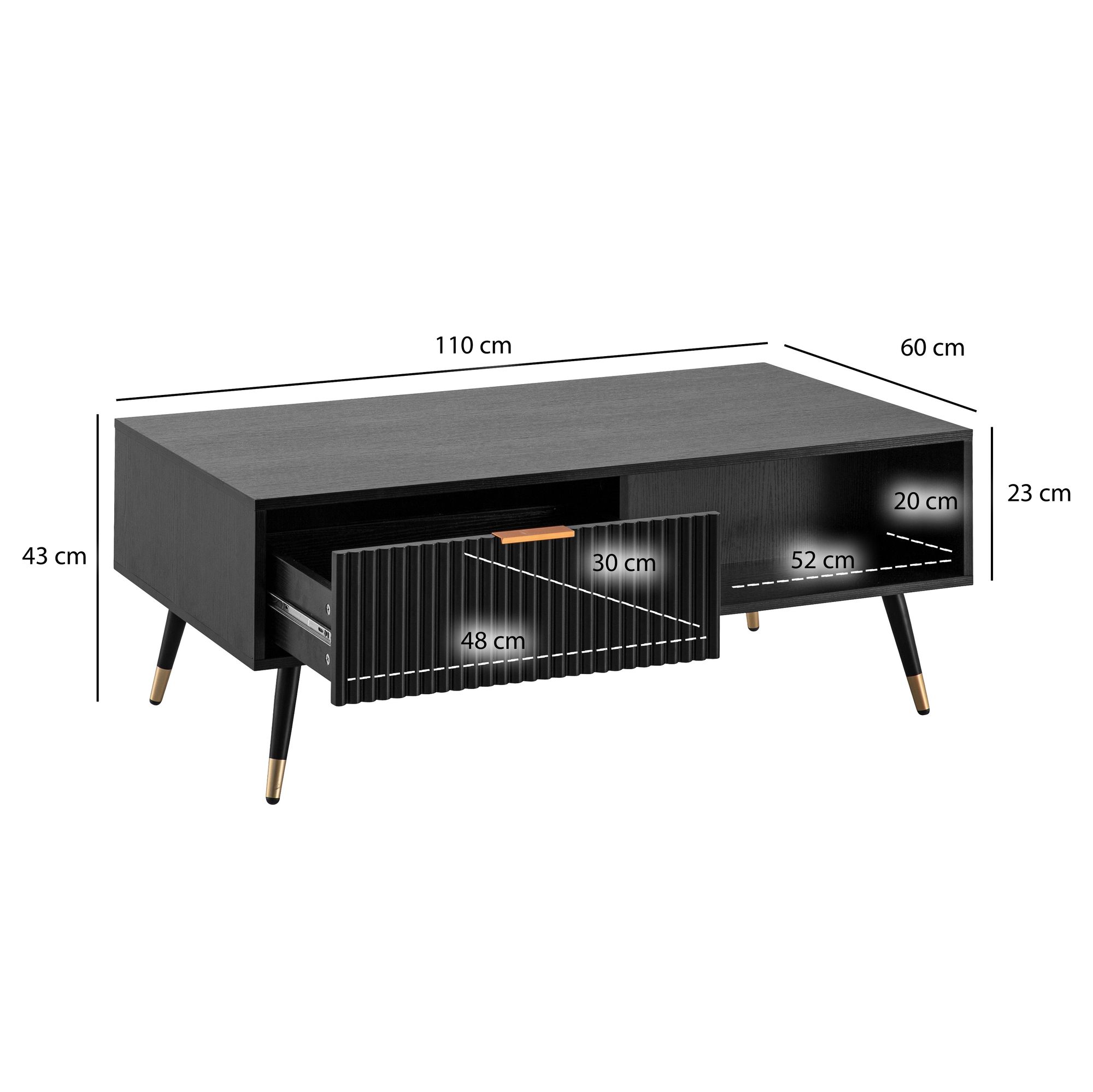 Mesa de centro wohnling 110x60 cm carvalho preto mesa para sala de estar sofá mesa espaço de armazenamento