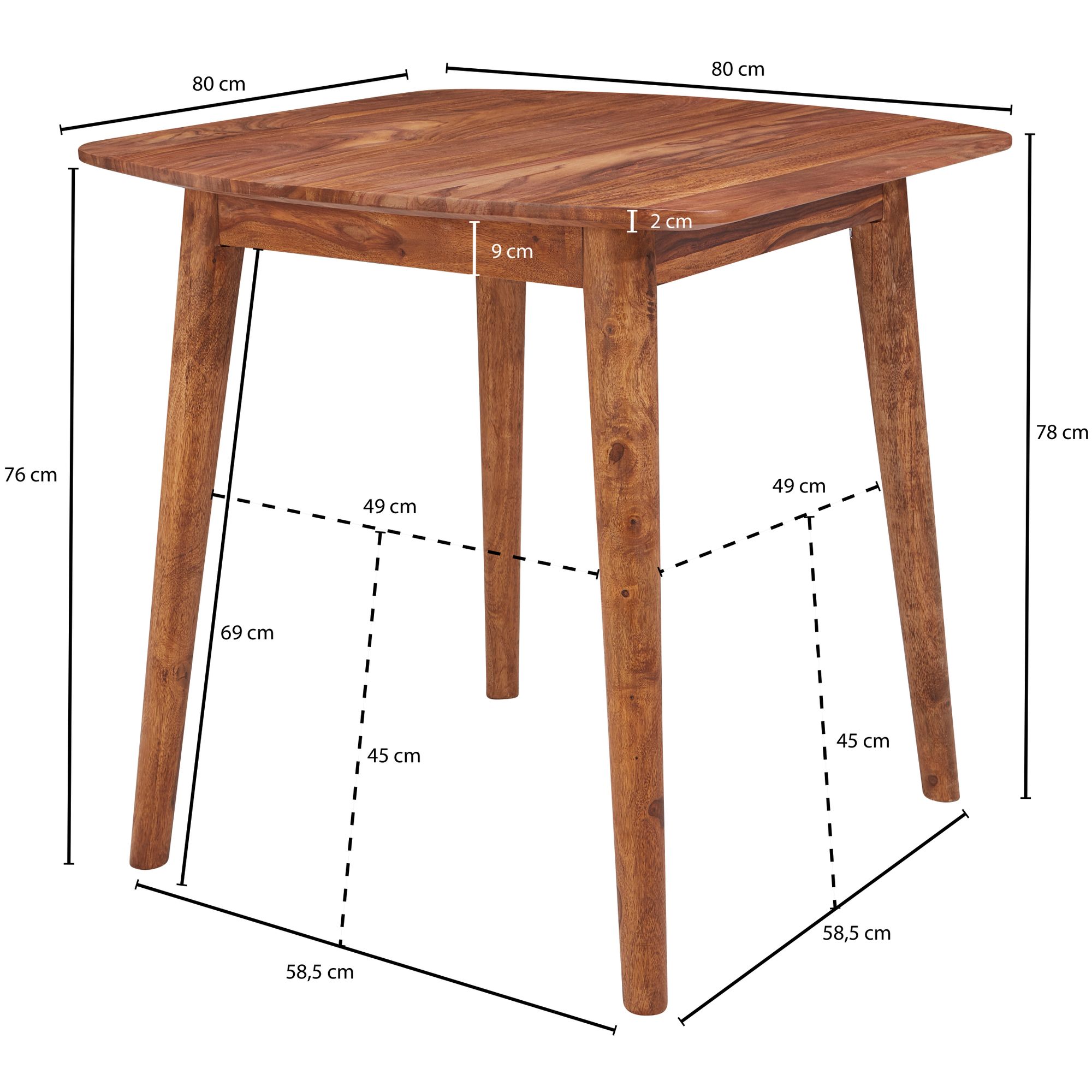 Wohnling mesa de jantar 80x80cm mesa de madeira maciça mesa de jantar sheesham madeira